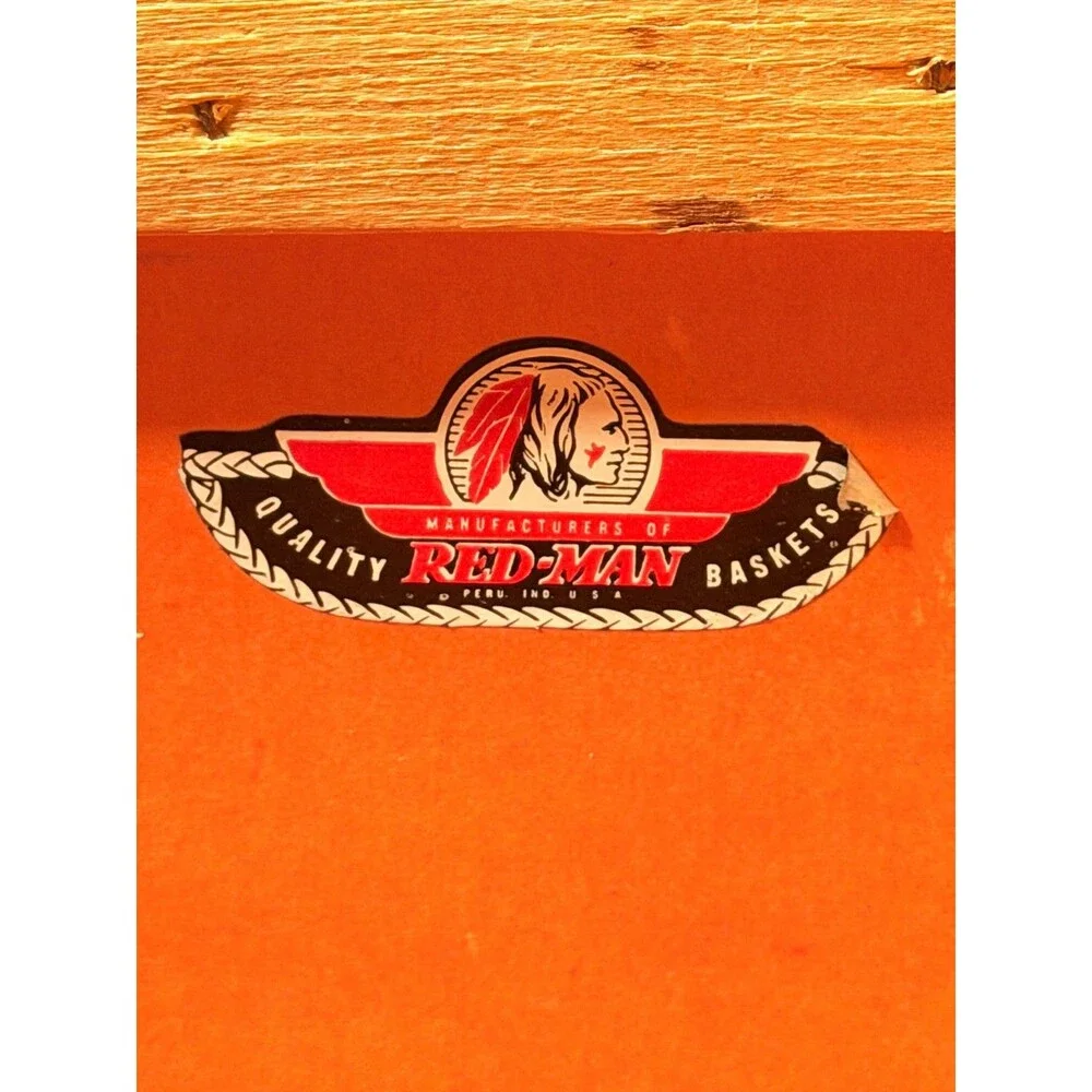Vintage Red-Man Woven Picnic Basket Orange Interior Folding Handles Peru Indiana